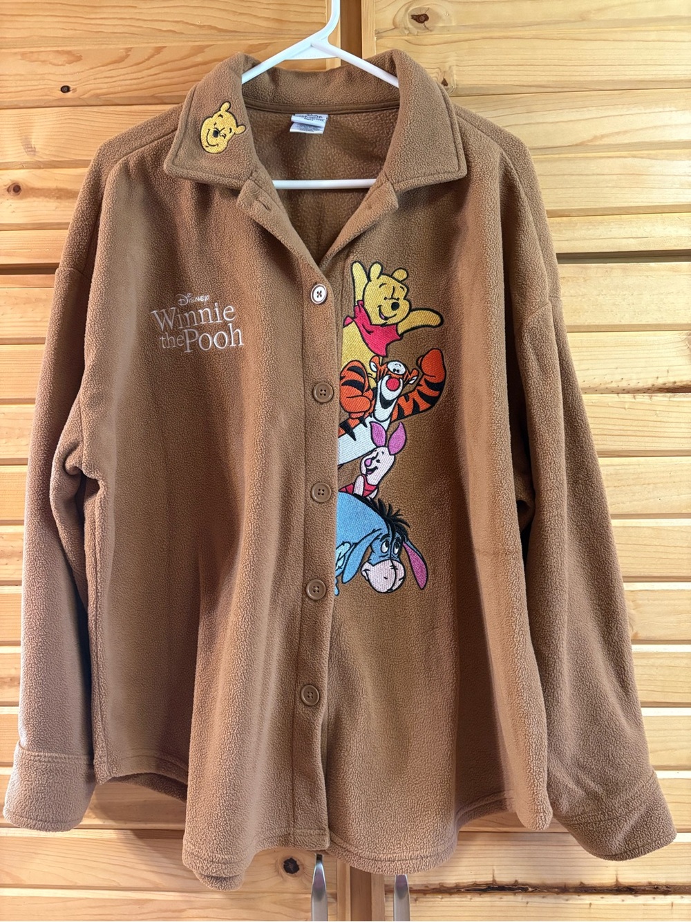 Women’s Winnie the Pooh Button Shirt Shacket Embroidered Tan Fleece, Size XL